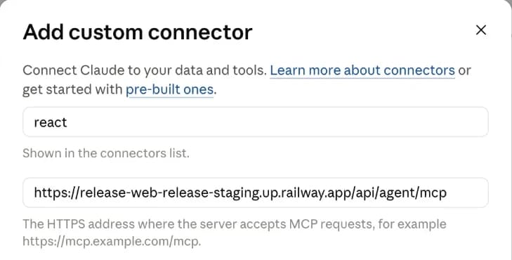 Claude's Add custom connector box with the ReactCut link filled in
